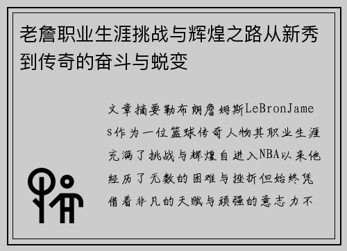 老詹职业生涯挑战与辉煌之路从新秀到传奇的奋斗与蜕变