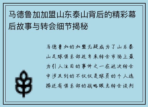 马德鲁加加盟山东泰山背后的精彩幕后故事与转会细节揭秘