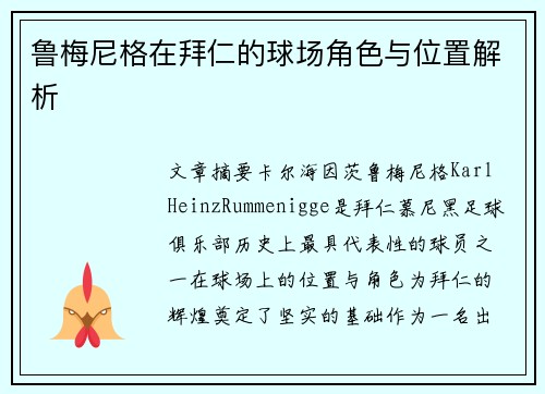 鲁梅尼格在拜仁的球场角色与位置解析 鲁梅尼格在拜仁的球场角色与位置解析